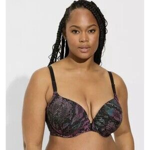 NWT TORRID Perfect T Front-Close Lightly Lined Bra- Berry Snakeskin Black 38D